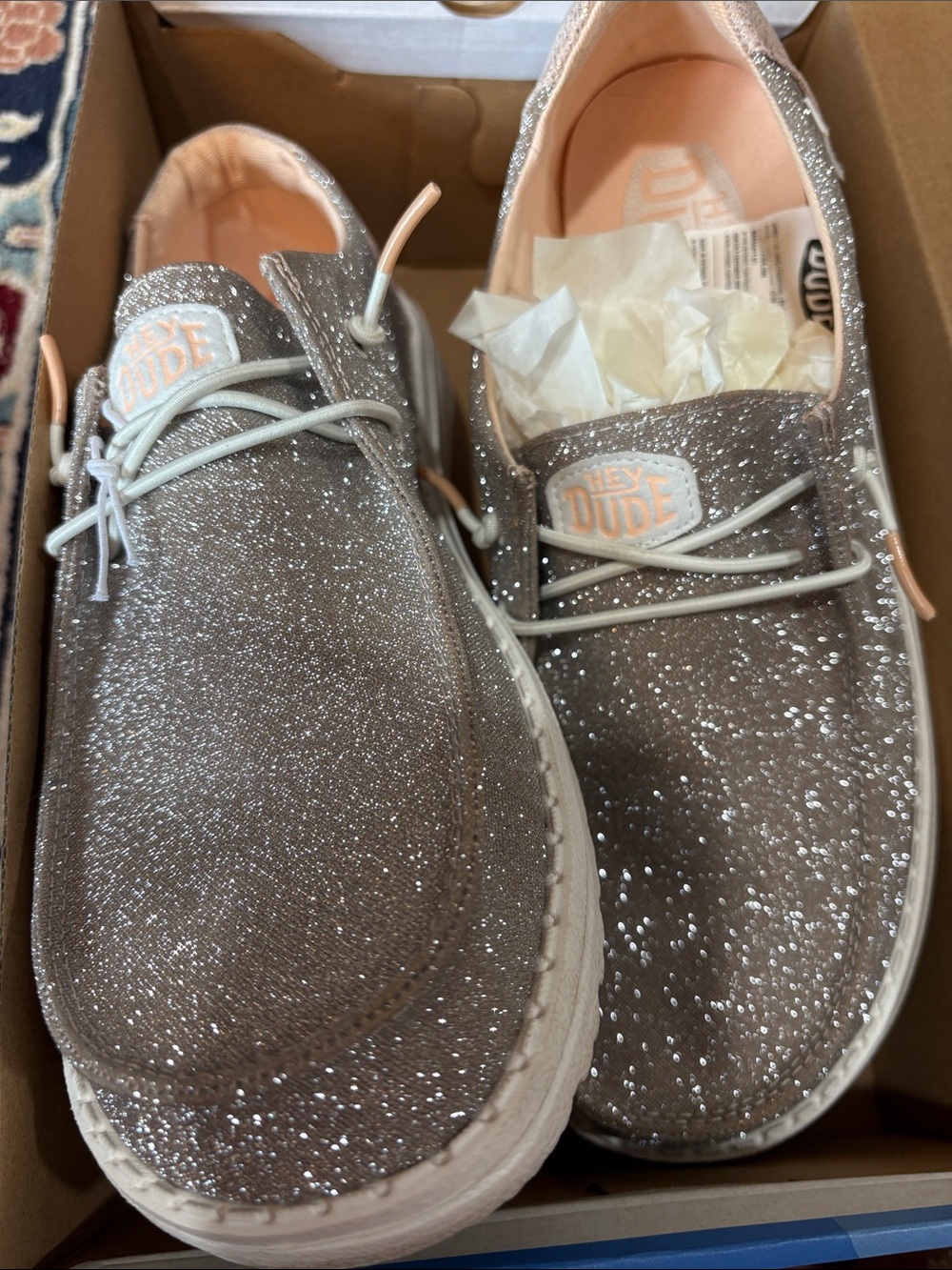 Hey Dude Sparkle Slip-Ons in Shimmery Taupe with Blush Lining.